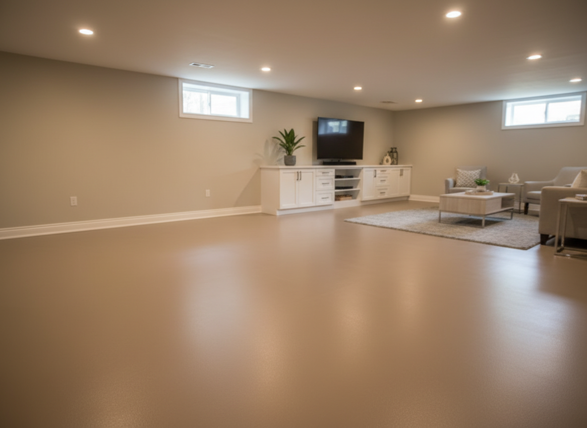 A bright, finished basement room with a continuous, warm taupe polymer floor coating that seamlessly extends wall-to-wall, free of cracks or stains. The camera is positioned at a slightly elevated angle, capturing the floor as the dominant element with soft-focus built-in cabinetry and a small entertainment area in the background. Natural daylight filters through two high basement windows, supplemented by recessed ceiling lights that create an even, welcoming glow across the smooth, matte-satin surface. Subtle reflections emphasize the floor’s cleanliness without appearing glossy or slippery. Photographic realism with a clean, modern residential aesthetic. The atmosphere is cozy yet professional, highlighting the comfort, quiet installation, and odor-free nature of the resurfacing system, perfect for family living spaces.
