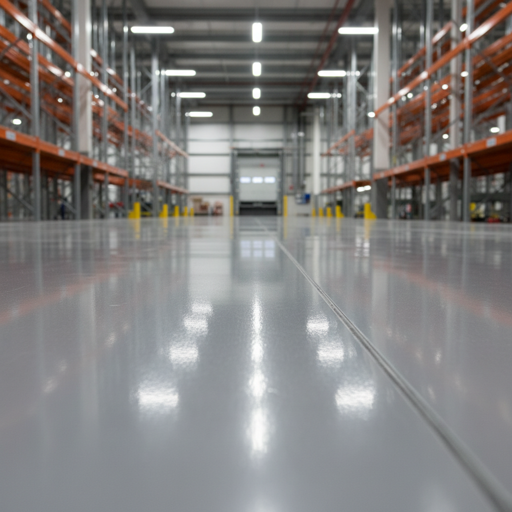 A close-up, low-angle photographic view of a commercial warehouse floor finished with a high-performance, eco-friendly polymer coating in a medium gray tone. The camera focuses on the smooth, glass-like surface and fine non-slip texture, showing crisp reflections of industrial shelving uprights and a blurred loading bay in the distance. Overhead LED lighting casts even, cool white illumination, creating soft highlights along the slight surface sheen and minimal, controlled shadows under equipment bases. The composition uses leading lines from expansion joints to guide the eye into the depth of the space. The mood is efficient, durable, and highly functional, conveying a dust-free, low-maintenance resurfacing solution ideal for heavy-duty operations without visible grinding marks or damage.