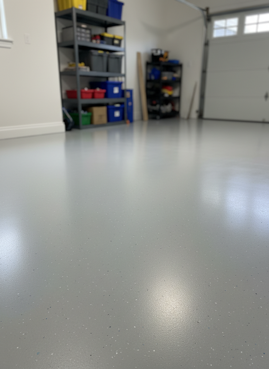 A freshly resurfaced residential garage floor featuring a seamless, light gray eco-friendly polymer coating with subtle satin sheen and fine flake accents. The floor appears perfectly level and continuous, with crisp, clean transitions to the white baseboards and walls. In the background, neatly arranged metal shelving and a closed, modern garage door are softly out of focus. Bright, diffused daylight enters from an unseen side window, creating gentle reflections on the floor without harsh glare. Photographic realism at eye level, with a slightly wide angle emphasizing the spaciousness and durability of the surface. The atmosphere feels professional, clean, odor-free, and ready for use, with a modern, minimal aesthetic.