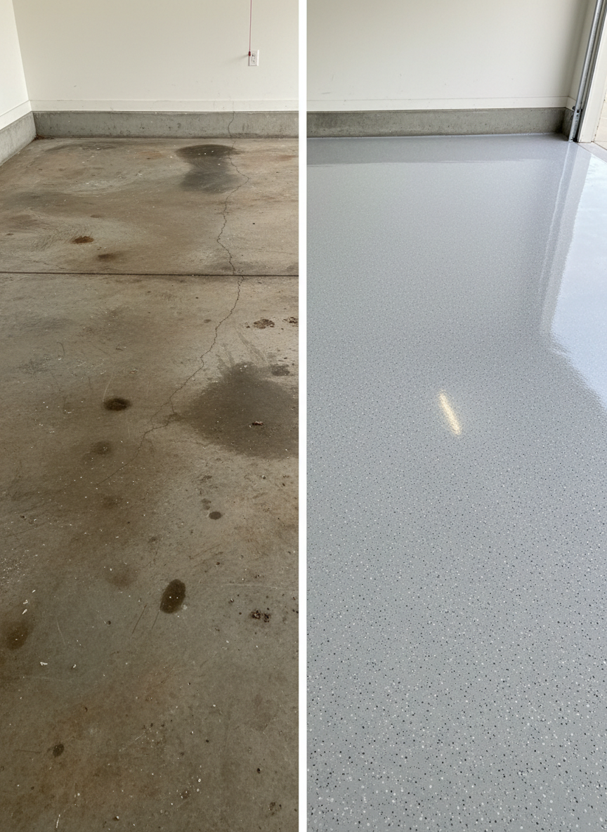 A before-and-after split image of a garage floor, rendered in photographic realism. On the left, a dull, stained concrete slab with visible cracks and discoloration under flat, lifeless lighting. On the right, the same space transformed with a bright, eco-friendly polymer coating in a light gray with fine decorative flakes, appearing clean, smooth, and continuous. The right side features softer, more inviting daylight from an open garage door, casting gentle highlights and subtle reflections on the resurfaced floor. A crisp vertical dividing line emphasizes the contrast in quality and cleanliness. The composition is straight-on, eye-level, with sharp focus across the entire scene. The mood conveys transformation, reliability, and long-term durability with minimal disruption during installation.