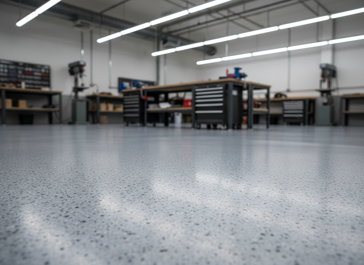 A workshop interior featuring a durable, speckled polymer floor coating in cool gray with darker and lighter flake accents, providing both visual interest and slip resistance. The surface is flawlessly smooth and uniform, with no signs of grinding marks or patchwork. Sturdy workbenches, tool cabinets, and a few stationary machines appear slightly blurred in the mid-ground, emphasizing the floor as the hero. Overhead strip lighting casts bright, neutral light, creating clean, linear highlights along the coated surface and soft shadows beneath equipment. Shot in photographic realism from a low, three-quarter angle that accentuates depth and durability. The mood is tidy, efficient, and professional, showcasing a space designed for heavy use with minimal noise and dust from installation.